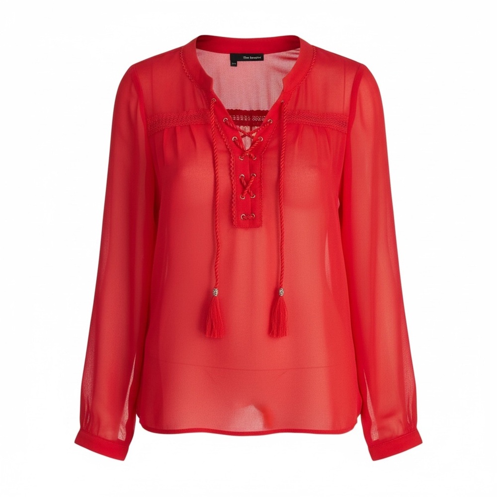 The Kooples Red Lace-Up Women's Dressy Sheer Long Sleeve Top Blouse Shirt XXS